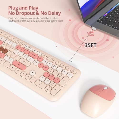 Surmen Cute Colorful Beige Keyboard and Mouse Wireless Silent, Full-Size Retro Typewriter Wireless Quiet Slim Keyboard Low-Noise 2.4GHz for Computer, Desktop, Laptop(Beige)