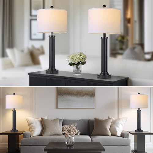 28" Tall Modern Table Lamps with USB C+A Ports and AC Outlet, 3 Way Touch Metal Bedside Lamps for Bedroom, Black Nightstand Lamps for Living Room
