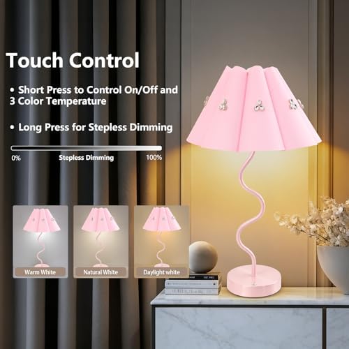 Cordless Rechargeable LED Table Lamp, Portable Desk lamp Battery, 3 Color Stepless Dimming with Memory Function, Suitable for Outdoor, Dinner, Patio & Restaurant. (Pink with Diamonds)