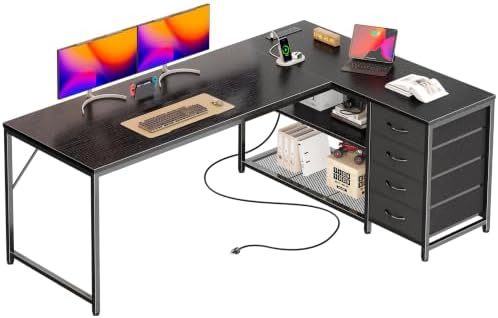 PRAISUN 61" L Shaped Desk with Power Outlets & 4 Drawers