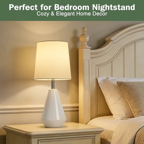 Small Bedside Table Lamp for Bedroom - Reading Desk Lamp with 3 Color Temperatures，15.5" Nightstand Ceramic Lamp with Fabric Shade for Kids Room,Living Room,Dorm,Home Office (White)