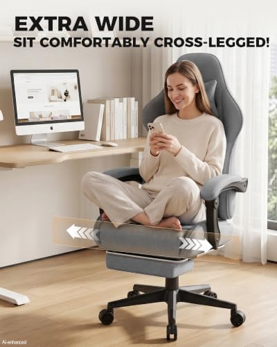 LUCKRACER Gaming Chair with Footrest and Pocket Spring Cushion, 90°-155° Reclining Ergonomic Computer Chair, 4" Height Adjustable, Lumbar Support, SGS Class 3 Gas Lift, Grey