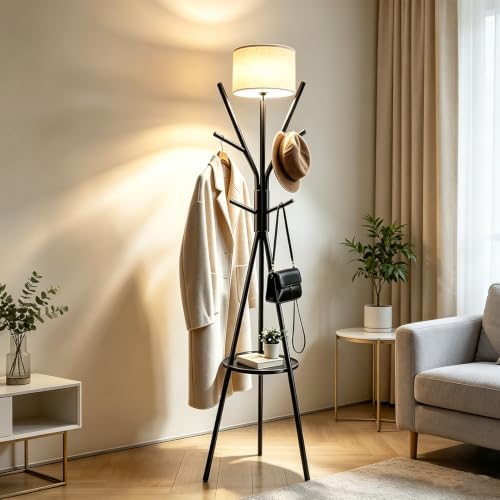 2‑in‑1 Coat Rack with Floor Lamp, Metal Standing Lamp with Storage Table