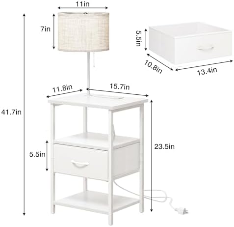 Fixwal Bedside Table with 3 Color Temperatures Bulb Attached, Nightstand with Charging Station and Lights, End Table with Fabric Drawer for Bedroom & Dorm (White)