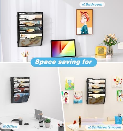 Wall Hanging File Holder 5 Pocket Wall Mounted Paper Organizer Magazine File Holder Storage Rack,Black