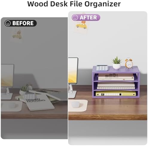 Marbrasse 3 Tier Wood Desk Organizer, Paper Letter Tray Organizer，Purple