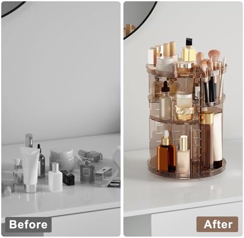 Rotating Makeup Organizer, DIY 8 Adjustable Layers Spinning Skincare Storage, Cosmetic Display Case with Brush Holder and Perfume Tray, Multi-Function Vanity Bathroom Countertop Organizer Clear Coffee