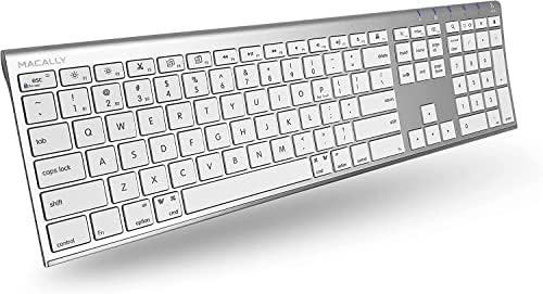 Macally Wireless Bluetooth Keyboard for Mac - Compatible Apple Keyboard or MacBook Pro/Air, iMac - Multi-Device, Up to 3 Devices with 110 Keys, 20 Shortcuts, Numeric Keypad, and Rechargeable - Silver
