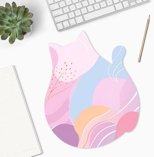 Funny Mouse Pad Cute Cat Shape Office Desk Accessories Decor for Women 9.65 x 8 Inch Small Mousepad with Non-Slip Rubber Base Washable Waterproof, Pink Abstract Art