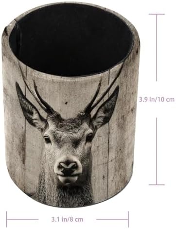 Leather Pen Holder for Desk, Ancient Wooden Wall Deer Pencil Cup Pen Organizer Makeup Brush Holder for Office Home Kids Countertop Desk Accessory Storage