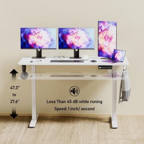 Electric Height Adjustable Standing Desk, 48 * 24 Inch Sit Stand Up Desk, Ergonomic Computer Desk with 2 Headphone Hook for Home Office Sturdy Writing Workstation, Gaming Room