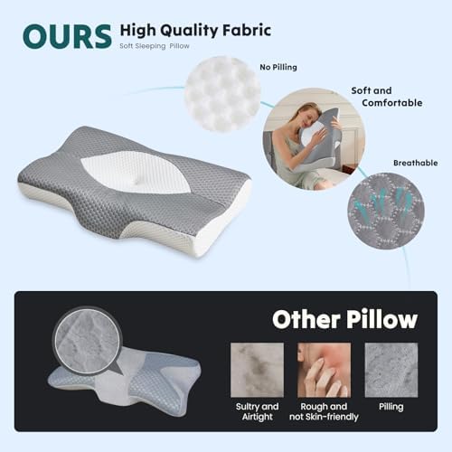 OLIXIS Cervical Pillow, Ergonomic Contour Memory Foam Neck Pillow with Cooling Breathable Cover for Side, Back and Stomach Sleepers, Grey