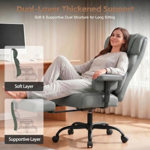 Vonesse Office Chair, Desk Chair with Soft Adjustable Armrests, Ergonomic High Back Gaming Chair with Lumbar Support, Executive Computer Chairs with Footrest (PU Leather, Gray)