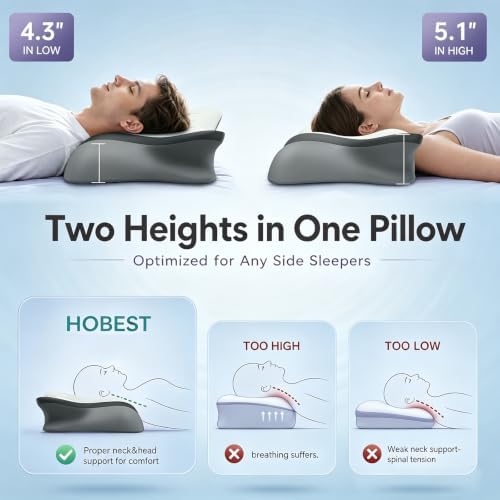 Pain Relief Cervical Neck Pillow, Ergonomic Contour | Q-Max Cooling | Non-Temperature Memory Foam | Side/Back/Stomach Sleeper Support for Sleeping, Reading, Scrolling (Light Grey & Dark Grey)