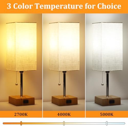 Table Lamp for Bedroom set of 2,3-Color Bedside Lamps with Pull Chain Wood