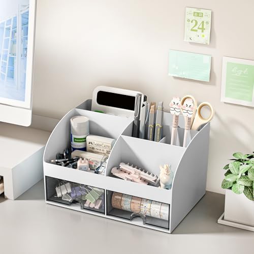 COMFYROOM Desk Organizer with 6 Compartments and 2 Drawers, Plastic Makeup Organizer, Pen Holder for Desktop Storage, Desk Organization for School, Home, Office Supplies (Grey)