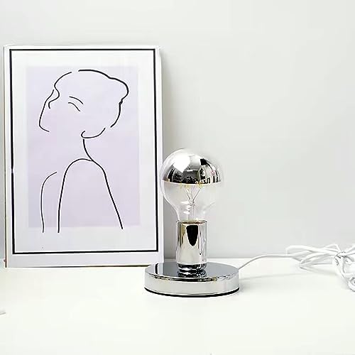 Simple Unique Lamp Base Only,Mini Bedside Table Lamp Bases,E26 Edison Light Bulb Stand Lamps for Small Spaces,Minimalist Desk Lamps Set w/ 5.8ft White Cord Switch Plug,No Bulb,Silver/Chrome,S