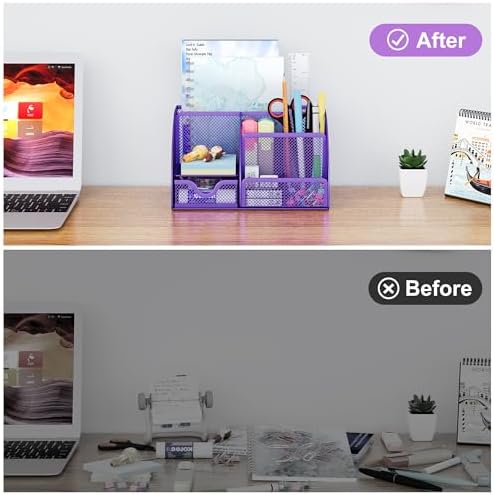 EasyPAG Mesh Desk Organizer with Drawer Multi-functional Pen Holder Stationery Organizer for Office School Supplies 6 Compartments Dorm Organizers and Storage for Desk, Purple
