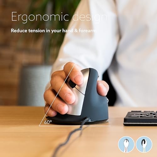 R-Go HE Ergonomic Mouse, with Break Software, USB-C Wired (with USB-A Converter), Vertical Design, Anti-Carpal Tunnel, Silent Click, Customisable Buttons, Compatible for Windows/Mac OS, Black/Silver