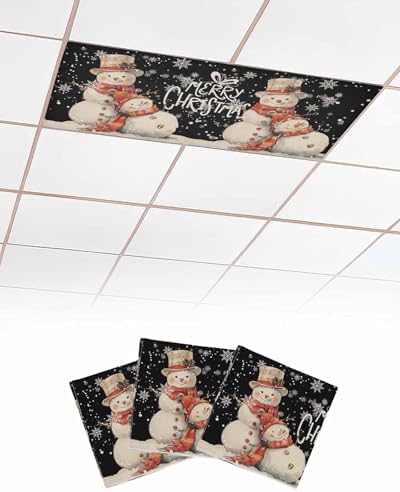 Black Snowman Magnetic Fluorescent Light Covers for Ceiling Lights 2 x 4 Feet,Vintage Christmas Snowflakes Watercolor Office Classroom Kitchen Drop Ceiling Light Covers Filters Shade Panel 3 Packs
