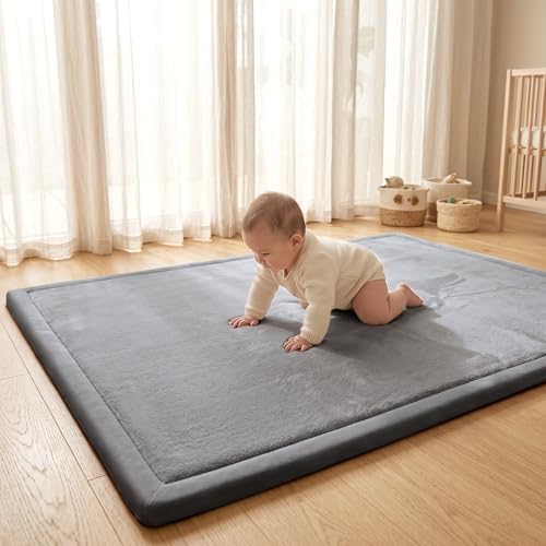 ACOMOPACK Baby Play Mat for Floor,1.3" Thick Elasti-Foam 59"×71" Non-Slip Water Repellent,Non-Toxic Playpen Mat for Infants Toddlers Kids, Ultra Soft Coral Velvet for Tummy Time Crawling（Dark Grey）