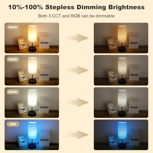 Unicozin Table Lamp Set of 2, 3 CCT 3000K/4500K/6500K & RGB Color Changing, Stepless Dimmable Small Bedside Lamp for Reading, Ambience Nightstand Light for Home Decor Party, Beige Shade