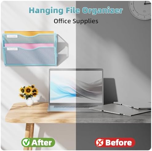 Marbrasse Wall File Holder 2-Tier Hanging Wall File Organizer, Mesh Mail Holder for Papers, Wall Mount File Clipboard & Magazine Organizer Great for Office Home - 2P(Blue)