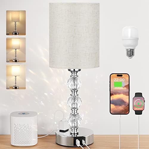 White Touch Bedside Lamps for Bedrooms - Crystal Table Lamp with USB C+A Charging Port and AC Outlet Nightstand, 3 Way Dimmable Silver Small End Side Table Lamp for Living/Guest/Dinning Room/Kitchen