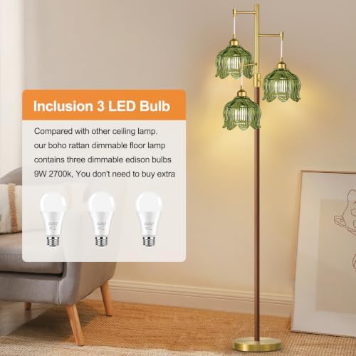 ZECOXOL Wood Floor Lamps for Living Room Bedroom-Rustic Glass Floor Lamp with Three Led Bulb, Modern Mid Century Standing Lamp Brass Vintage Tall Lamp Gold Tree Floor Lamp for Bedroom Corner