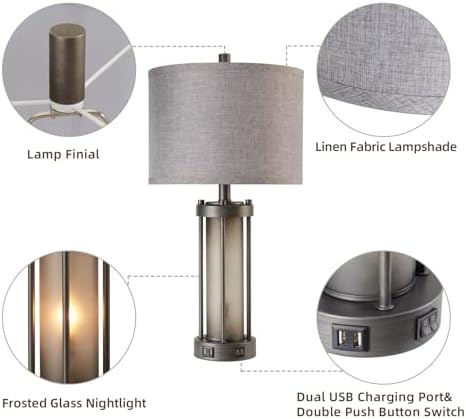 RORIA Set of 2 Rustic Table Lamps for Living Room with 2 USB Ports
