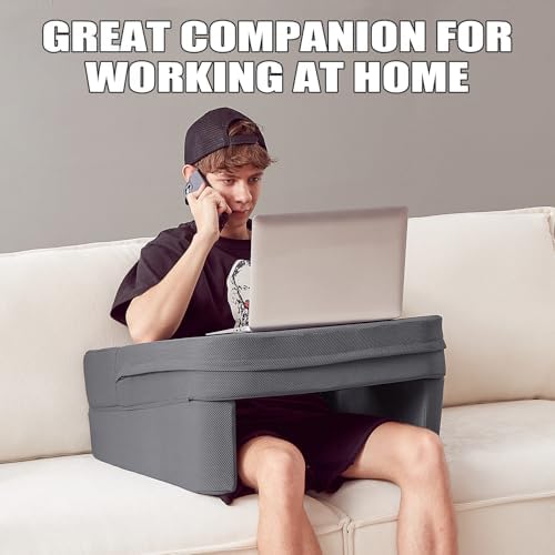 comehealthy Lap Desk for Laptop, Reading Pillow for Adult, Memory Foam Gaming Pillow with Cup Holder, Arm Rest Couch Pillow for Working, Gaming, Reading, Laptop Desk for Couch Bed Floor(Grey)