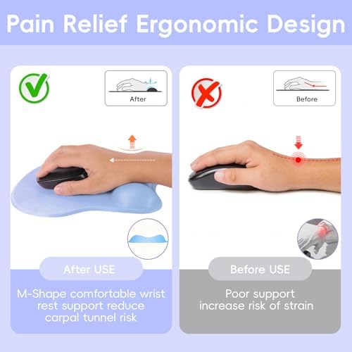 Mouse Pad with Wrist Rest Ergonomic Mouse Pad with Comfortable M-Shape Pain Relief Wrist Support Non-Slip PU Base Mousepad for Laptop, Office & Home (Light Blue Purple)