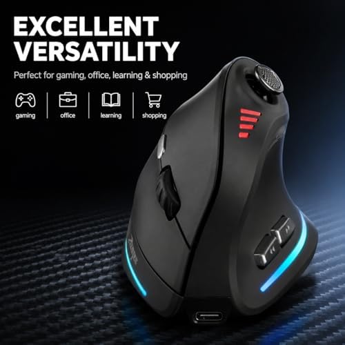 TKMARS Wireless Ergonomic Vertical Gaming Mouse with Joystick, Bluetooth & 2.4G, 12 Programmable Buttons, Adjustable 24000 DPI, Rechargeable RGB Computer Mouse for PC, MacBook & Laptops