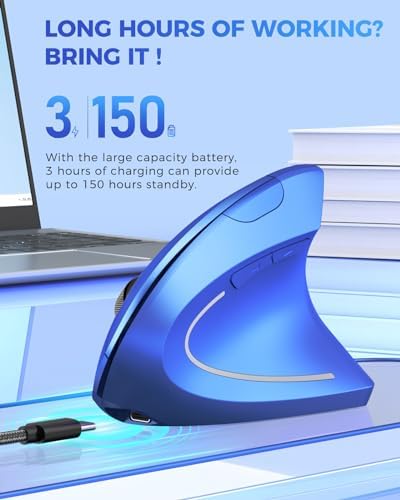 Lekvey Ergonomic Mouse, Rechargeable 2.4G USB Vertical Wireless Mouse, Blue