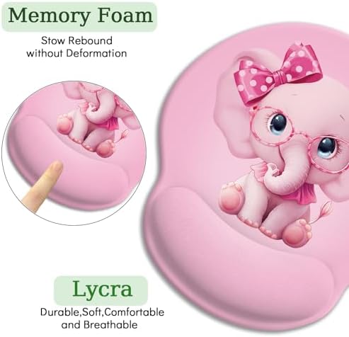LIMKRIAN Pink Elephant Ergonomic Mouse Pad with Wrist Rest, 9.8 x 8.6 in