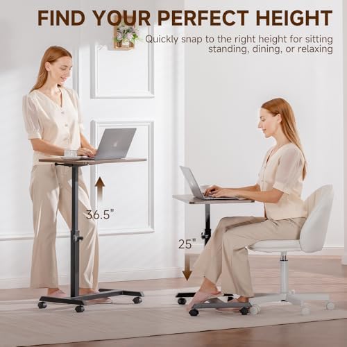 GTPLAYER Small Standing Desk, 24 Inches Foldable Mobile Rolling Laptop PC Table with Lockable Casters, Adjustable Height Overbed Bedside Table Computer Workstation for Home Office, Dark Brown-Foldable