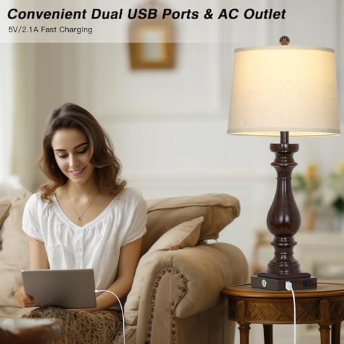 Cinkeda 29" Tall Farmhouse Table Lamp for Living Room Set of 2,Vintage Retro Nightstand Lamps with USB C+A Ports & AC Outlet,3-Way Dimmable Touch Bedside Lamp for Bedroom Side Table,Dark Brown