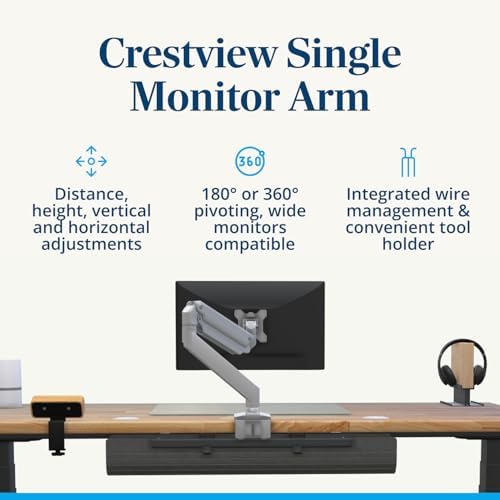 UPLIFT DESK Crestview Single Monitor Arm - Gas Spring Monitor Mount, Fits 13-35” Inch Displays, VESA Compatible, Clamp or Grommet Installation, Fits Standing Desks & Vertical Options (Gray)