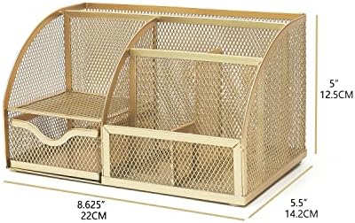 Annova Mesh Desk Organizer Office with 7 Compartments + Drawer/Desk Tidy Candy/Pen Holder/Multifunctional Organizer (Gold)