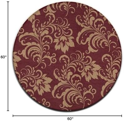 Soft Round Yoga Carpet, Large Home Decor Mat, Non-Slip Machine Washable Kitchen Office Circle Rug Compatible with Flower Maroon Gold Floral Classy Burgundy Antique