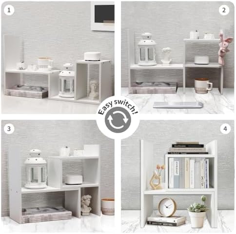 MASAKA B&W - Kawaii Storage Desktop Organizer for Your Desk Space, Double H Plants Display Shelf, Home Office Storage Rack Adjustable Stackable for Office, Dormitory (White*02)