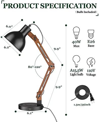 ELYONA Modern Sapele Wood Desk Lamp with Upgraded Wireless Charger & USB C Charging Port Swing Arm Table Lamp Bedside Reading Task Light for Dorm Office Bedroom Living Room LED Bulb Included Black