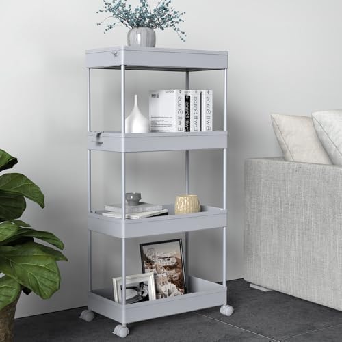 SPACELEAD 4 Tier Rolling Cart with Wheels, Storage Craft Art Trolley Organizer Serving, 3 Hanging Baskets Easy Assembly, for Office, Living Room, Kitchen