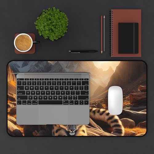 Snow Leopard Stretching on Sunlit Golden Rocks Desk Mat - Vibrant Colors Rubber Base Smooth Surface
