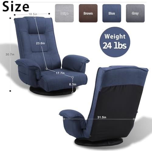 Floor Chair,360° Swivel Folding Floor Gaming Chairs for Adults with Padded Armrest and Back Support,14 Position Adjustable Recliner,Japanese Floor Chair for Esports,Reading,Napping,Blue