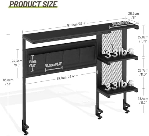 Clamp On Desk Shelf, Metal & Wooden Desktop Bookshelf & Heavy Duty Desktop Organizer, Desk Accessories,38.3" W x 33" H (Black) 999BKSSJ197