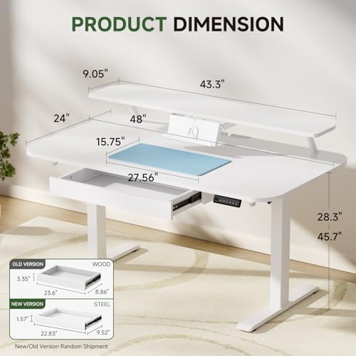 GTPLAYER Electric Standing Desk with Drawers, 48 x 24 Inches Height Adjustable Computer Desk with Monitor Stand, Laptop Stand, Sit Stand up Desk with Memory Preset for Home, Office, White