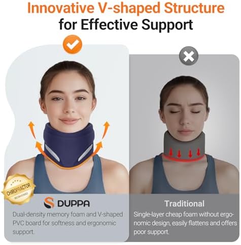 Ergonomic Neck Brace for Neck Pain and Support, Throat-Friendly V-Shape Cervical Collar with Dual Memory Foam for Comfort and Cervical Spine Pressure Relief, Vertebrae Stability (16.5" - 19.0")