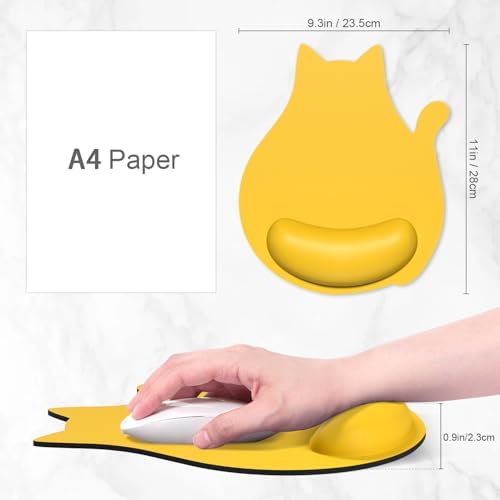 Ergonomic Mouse Pad with Wrist Rest, Cute Cat Memory Foam Padded Pain Relief Non-Slip Wrist Support Mouse Mat for Gaming Work Computer Laptop, Funny Office Supplies Desk Accessory, Yellow