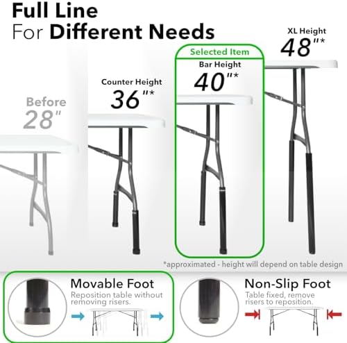Lift Your Table® Folding Table Risers - Bar Height (Movable Foot) - Made in the USA, Heavy Duty, Sturdy, Portable, Easy-to-Use Extensions Raise Bent Leg Folding Tables (Set of 4)